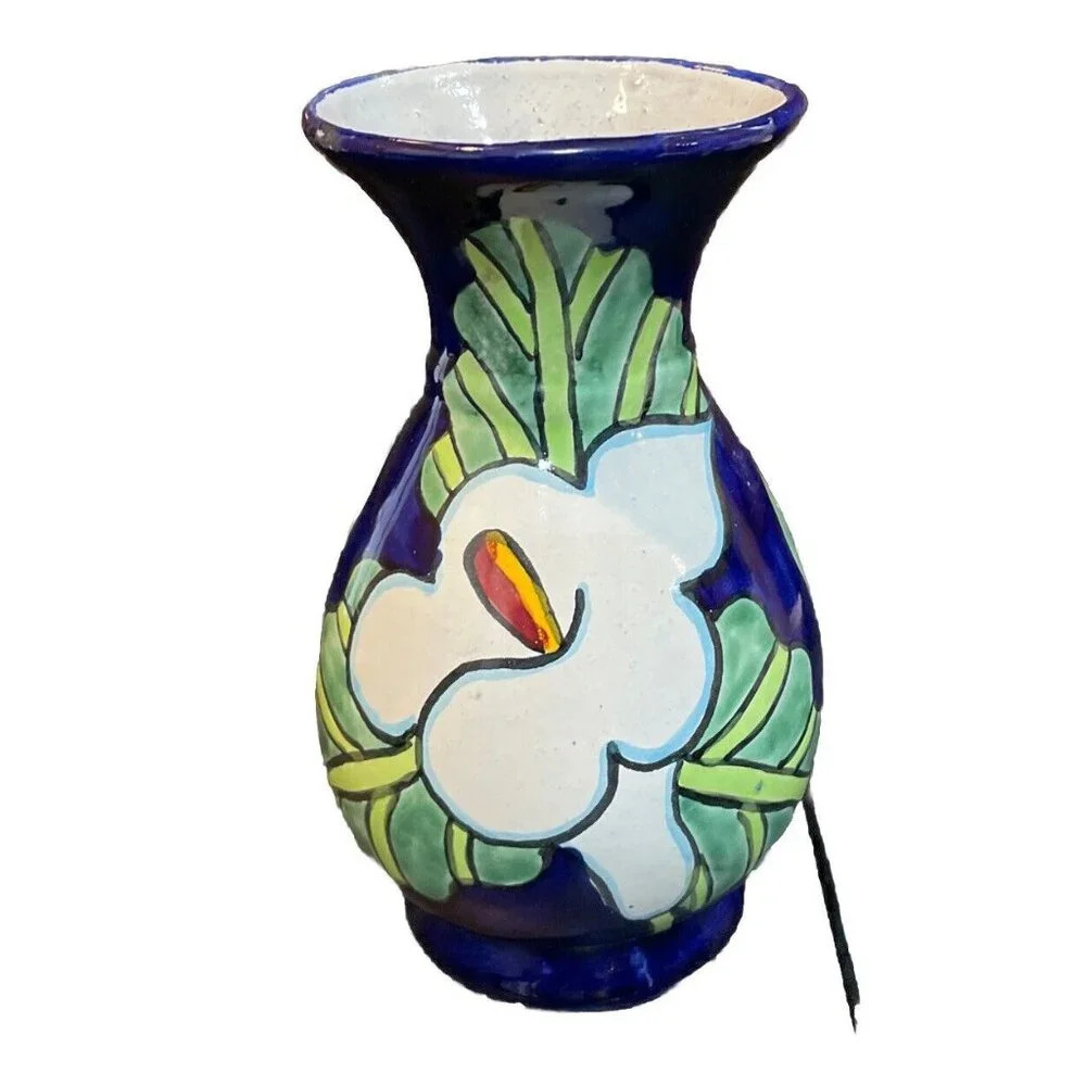 Talavera Calla Lily Hand Painted Mexico Pottery‎ Vase Colorful Floral Boho